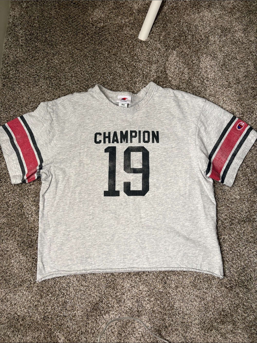 Champion Heather Gray Graphic Crop Tee with Red Sleeve Stripes
